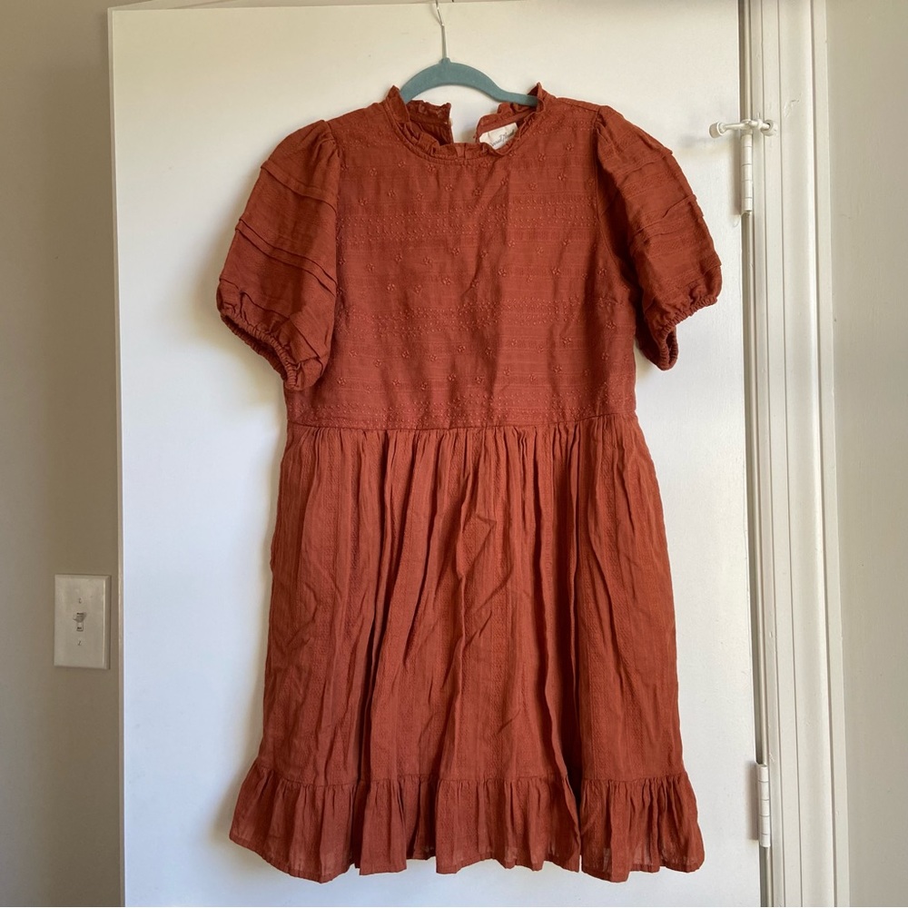 Terracotta puff sleeve embroidered smock dress.